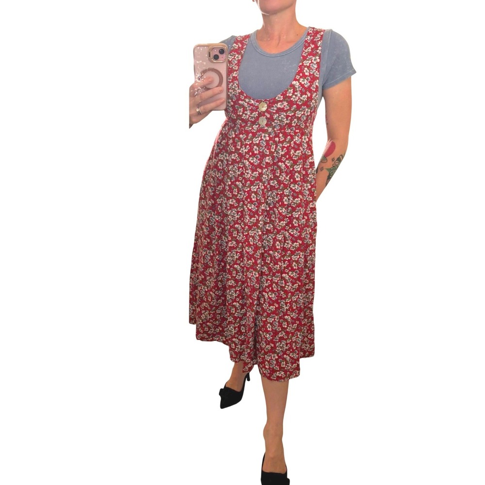 Floral 90s Pinafore Express Jumper Dress Scoop Neck Rayon XS Red Vintage